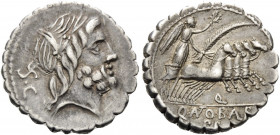 Q. Antonius Balbus, 83-82 BC. Denarius (Silver, 18 mm, 3.80 g, 6 h), Rome. Laureate head of Jupiter to right; behind neck, S C. Rev. Q ANTO BALB / PR ...