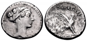 T. Carisius, 46 BC. Denarius (Silver, 17 mm, 3.59 g, 11 h), Rome. Head of the sibyl Herophile to right. Rev. T.CARISIVS / III.VIR Sphinx seated to rig...