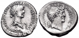 Mark Antony and Cleopatra, 34 BC. Denarius (Silver, 19 mm, 3.69 g, 2 h), Alexandria. CLEOPATRAE REGINAE REGVM FILIORVM REGVM Draped and diademed bust ...