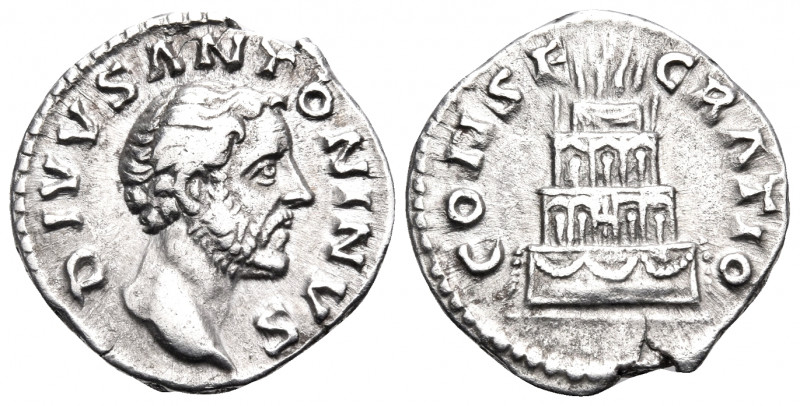 Divus Antoninus Pius, died 161. Denarius (Silver, 17 mm, 3.42 g, 6 h), consecrat...