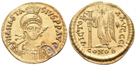 Anastasius I, 491-518. Solidus (Gold, 20 mm, 4.46 g, 6 h), Constantinople, 10th officina (I), 492-507. D N ANASTA-SIVS P P AVG Helmeted and cuirassed ...