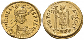 Anastasius I, 491-518. Solidus (Gold, 20 mm, 4.47 g, 6 h), Constantinople, 10th officina (I), 492-507. D N ANASTA-SIVS P P AVG Helmeted and cuirassed ...