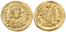Anastasius I, 491-518. Solidus (Gold, 20 mm, 4.26 g, 6 h), Constantinople, 7th officina (Z), c. 507-518. D N ANASTA-SIVS P P AVC Helmeted, diademed an...