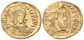 Anastasius I, 491-518. Solidus (Gold, 20 mm, 3.93 g, 6 h), Constantinople, 1st officina (A), 507-518. D N ANASTA-SIVS P P AVC Helmeted and cuirassed b...