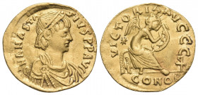 Anastasius I, 491-518. Semissis (Gold, 15.5 mm, 1.51 g, 6 h), Constantinople, 507-518. D N ANASTA-SIVS PP AVC Diademed, draped and cuirassed bust of A...