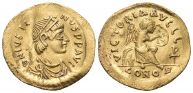 Justin I, 518-527. Semissis (Gold, 17.5 mm, 2.06 g, 6 h), Constantinople. DN IVSTI-NVS PP AVI Diademed, draped and cuirassed bust of Justin I to right...