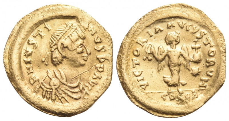 Justin I, 518-527. Tremissis (Gold, 14 mm, 1.33 g, 6 h), Constantinople. D N IVS...