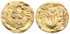 Justin I, 518-527. Tremissis (Gold, 15 mm, 1.45 g, 6 h), Constantinople. D N IVSTI-NVS PP AVC Diademed, draped and cuirassed bust of Justin I to right...