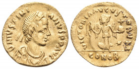 Justinian I, 527-565. Tremissis (Gold, 14 mm, 1.11 g, 6 h), Constantinople. D N IVSTINI-ANVS P P AVC Diademed, draped and cuirassed bust of Justinian ...