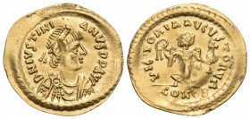 Justinian I, 527-565. Tremissis (Gold, 16 mm, 1.35 g, 7 h), Constantinople. D N IVSTINI-ANVS P P AVI Diademed, draped and cuirassed bust of Justinian ...