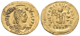Justinian I, 527-565. Tremissis (Gold, 16 mm, 1.44 g, 6 h), Constantinople. D N IVSTINI-ANVS P P AVC Diademed, draped and cuirassed bust of Justinian ...