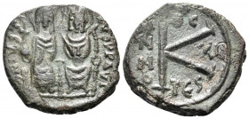 Justin II, with Sophia, 565-578. Half Follis (Bronze, 21 mm, 5.60 g, 5 h), Thessalonica, year 11 = 575-576. Nimbate figures of Justin II and Sophia se...