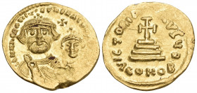 Heraclius, with Heraclius Constantine, 610-641. Solidus (Gold, 20.2 mm, 4.42 g, 7 h), Constantinople, 2nd officina (B), c. 616-625. dd NN hERACLIЧI ET...