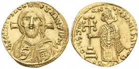 Justinian II, first reign, 685-695. Solidus (Gold, 19 mm, 4.46 g, 6 h), Constantinople, 6th officina (s), 692-695. IhS CRISTOS REX REGNANTIVM Draped b...
