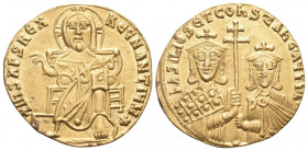 Basil I the Macedonian, with Constantine, 867-886. Solidus (Gold, 19.5 mm, 4.40 g, 7 h), Constantinople, 871-886. +IhS XPS REX REႺ NANTIႷM✳ Christ, ni...