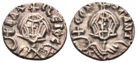 Basil I the Macedonian, with Constantine, 867-886. Semissis (Gold, 13 mm, 1.54 g, 6 h), Syracuse, 868-879. bASILEIOC Crowned bust of Basil facing, hol...