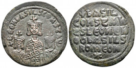 Basil I the Macedonian, with Constantine and Leo VI, 867-886. Follis (Bronze, 26 mm, 7.69 g, 6 h), Constantinople, 870-879. + LEOh bASIL' S COnST AЧςς...