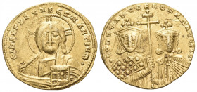 Constantine VII Porphyrogenitus, with Romanus II, 913-959. Solidus (Gold, 20 mm, 4.38 g, 6 h), Constantinople, 947-950. + IhS XΓS REX REςNANTIЧM · Fac...