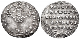 Nicephorus II Phocas, 963-969. Miliaresion (Silver, 22 mm, 2.21 g, 7 h), Constantinople. +IhSUS XRI-STUS nICA✱ Cross potent, crosslet, on globe and tw...