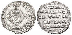 John I Zimisces (Tsimisces), 969-976. Miliaresion (Silver, 22 mm, 2.49 g, 5 h), Constantinople. +IhSЧS XRI-STЧS NICA✱ Cross crosslet on globe and two ...