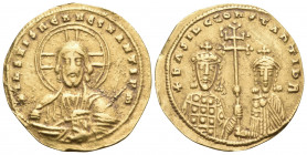 Basil II Bulgaroktonos, with Constantine VIII, 976-1025. Histamenon nomisma (Gold, 23 mm, 4.12 g, 7 h), Constantinople, 989-1001. +IhS XIS REX REGNANT...