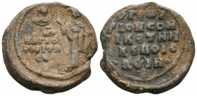 BYZANTINE SEALS. Georgios, late 11th - early 12th century. Seal or Bulla (Lead, 24 mm, 14.39 g, 12 h), Constantinople. MHP - ΘOY / H AΓIO/COPITHCA The...