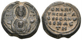 BYZANTINE SEALS. Theophano, Circa 12th century. Seal or Bulla (Lead, 19 mm, 6.19 g, 12 h), Constantinople (?). MHP-ΘY Facing bust of the Virgin Mary, ...