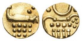 INDIA, Princely States. Cochin. Dutch colony, 1663-1724. (Gold, 7 mm, 0.35 g). Stylised figure of goddess Kali. Rev. Horizontal J with dots below. Fri...