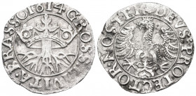 TRANSYLVANIA. Kronstadt. 1612-1614. Groschen (Silver, 20 mm, 1.32 g, 7 h), 1614. GROSS CIVITA BRASSO 1614 Arms of Kronstadt. Rev. DEVS PROTECTOR NOSTE...