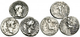 ROMAN IMPERIAL. Rome. 1st - 2nd Century AD. (Silver, 9.92 g). A Lot of Three (3) silver coins, including two Tribute Penny Denarii of Tiberius and one...