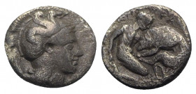 Southern Apulia, Tarentum, c. 380-325 BC. AR Diobol (10mm, 1.09g, 12h). Head of Athena r., wearing crested helmet decorated with Skylla. R/ Herakles k...