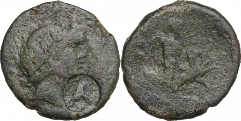 Sicily, Gela, 2nd-1st century BC. Æ Tetras or Trionkion with countermak (21mm, 5...