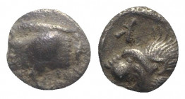 Mysia, Kyzikos, c. 450-400 BC. AR Hemiobol (6mm, 0.33g, 9h). Forepart of boar l.; tunny to r. R/ Head of roaring lion l.; retrograde K to upper l.; al...