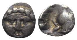 Pisidia, Selge, c. 350-300 BC. AR Obol (10mm, 0.80g, 3h). Facing gorgoneion. R/ Helmeted head of Athena r.; astralagos behind. SNG BnF 1931-4. About V...