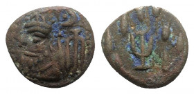 Kings of Elymais, Orodes III (c. 2nd century AD). Æ Drachm (15mm, 3.53g). Bust l. wearing tiara. R/ Anchor and dashes. Van’t Haaff Type 16.3.2-1. VF...