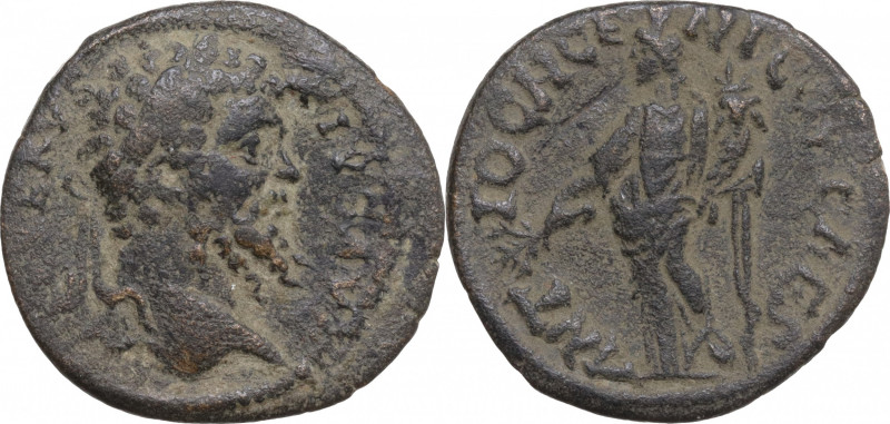 Septimius Severus (193-211). Pisidia, Antioch. Æ (22mm, 4.60g) - R/ Tyche. Near ...