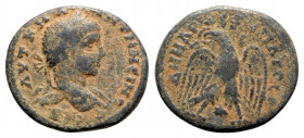 Elagabalus (218-222). Seleucis and Pieria, Antioch. Tetradrachm (26mm, 10.61g, 6h). Laureate bust r. with drapery on far shoulder. R/ Eagle standing f...