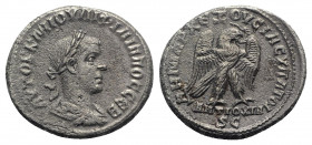 Philip II (247-249). Seleucis and Pieria, Antioch. AR Tetradrachm (27mm, 11.59g, 6h). AD 248-9. Laureate, draped and cuirassed bust r. R/ Eagle standi...