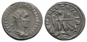 Trajan Decius (249-251). Seleucis and Pieria, Antioch. BI Tetradrachm (27mm, 10.32g, 6h), AD 249-250. Radiate, draped and cuirassed bust r.; three pel...