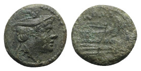 Anonymous, Rome, after 211 BC. Æ Semuncia (14mm, 2.04g, 9h). Head of Mercury r., wearing winged petasus. R/ Prow r. Crawford 56/8; RBW 216. Green pati...