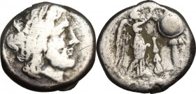 Club series, Southeast Italy, 208 BC. AR Victoriatus (15.5mm, 2.70g). Fine