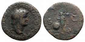 Nero (54-68). Æ As (29mm, 8.93g, 6h). Rome, c. AD 65. Laureate head r. R/ Victory flying l., holding shield inscribed S P Q R. Cf. RIC I 312. Scratch ...