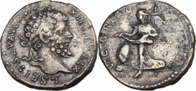 Septimius Severus (193-211). AR Denarius (18mm, 2.70g). Rome - R/ Victory. Good Fine