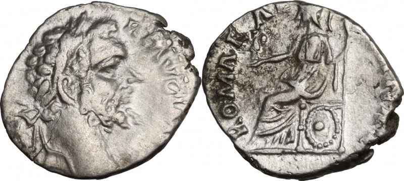 Septimius Severus (193-211). AR Denarius (17.5mm, 2.20g). R/ Roma seated. Good F...