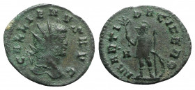 Gallienus (253-268). Antoninianus (22.5mm, 2.72g, 11h). Rome, 256-7. Radiate head r. R/ Mars standing l., holding olive branch, spear and shield; A to...