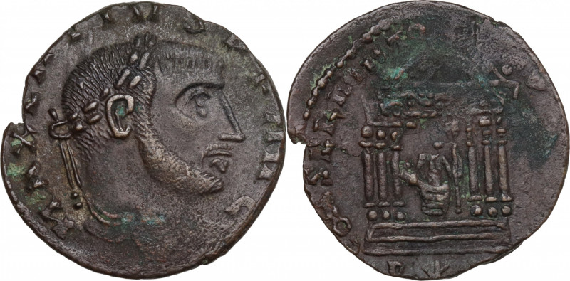 Maxentius (307-312). Æ Follis (23mm, 3.50g). Rome - R/ Roma within temple. Good ...