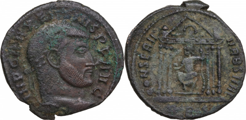 Maxentius (307-312). Æ Follis (25mm, 5.50g). Rome - R/ Roma within temple. Good ...