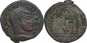 Maxentius (307-312). Æ Follis (25mm, 5.50g). Rome - R/ Roma within temple. Good Fine