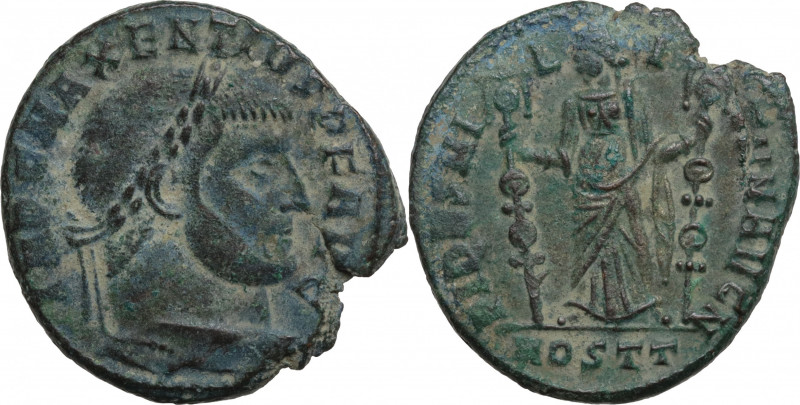 Maxentius (307-312). Æ Follis (24mm, 6.30g). Ostia - R/ Fides. Good Fine