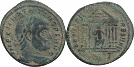 Maxentius (306-312). Æ Follis (25mm, 6.40g). Uncertain mint - R/ Roma within temple. Good Fine